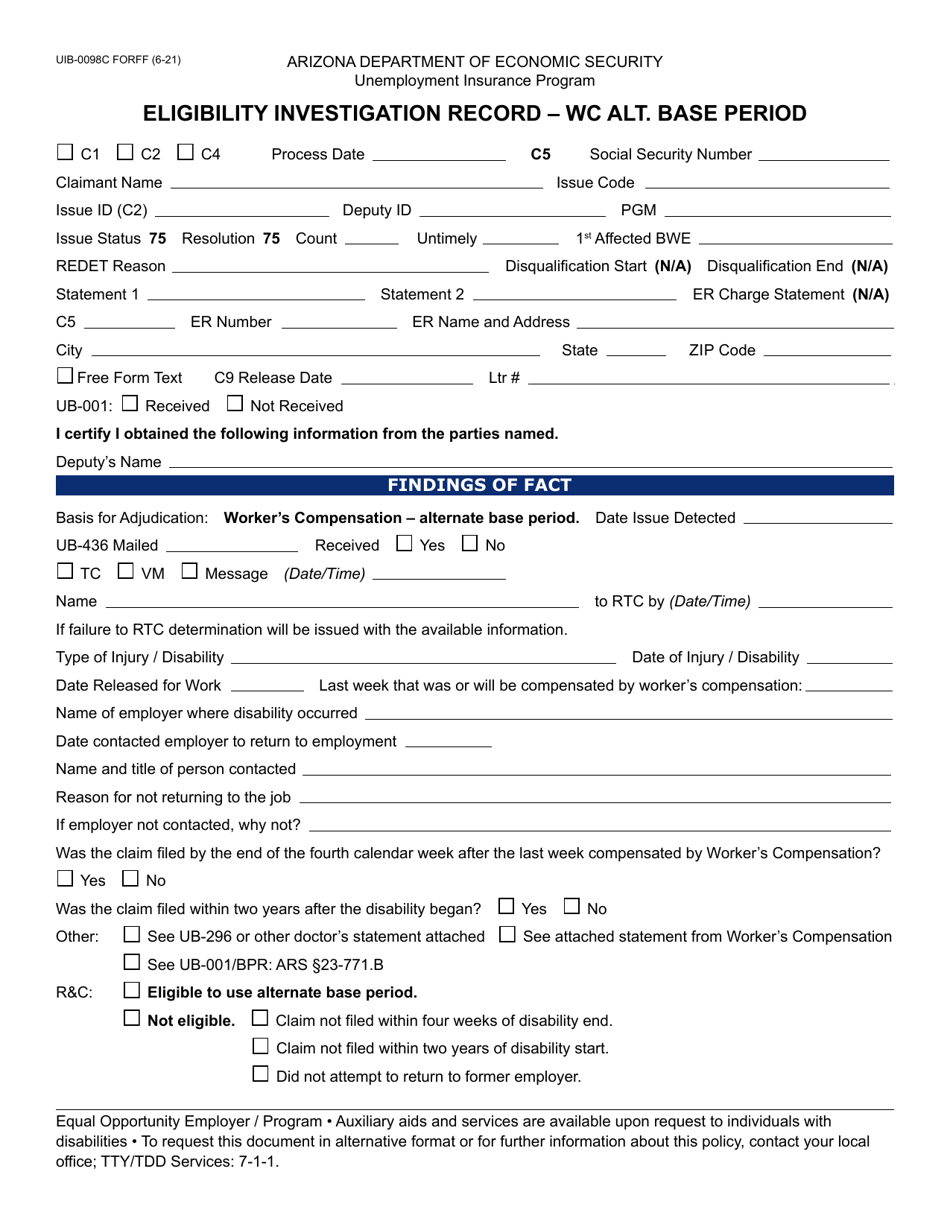 Form UIB-0098C Eligibility Investigation Record - Wc Alt. Base Period - Arizona, Page 1