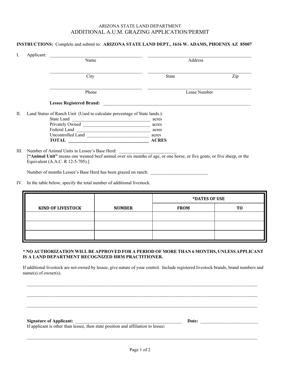 Additional a.u.m. Grazing Application / Permit - Arizona, Page 1