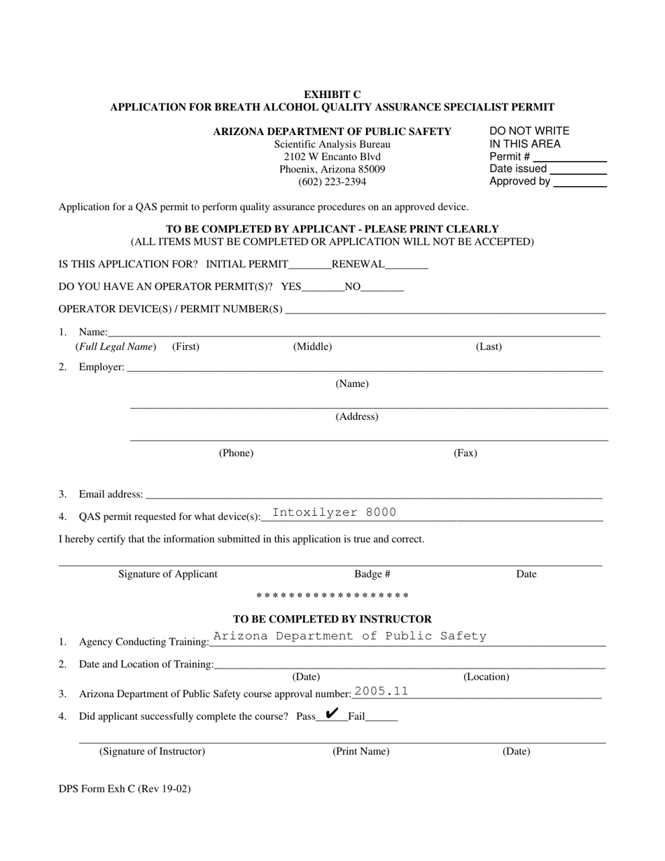 Exhibit C Application for Breath Alcohol Quality Assurance Specialist Permit - Arizona, Page 1