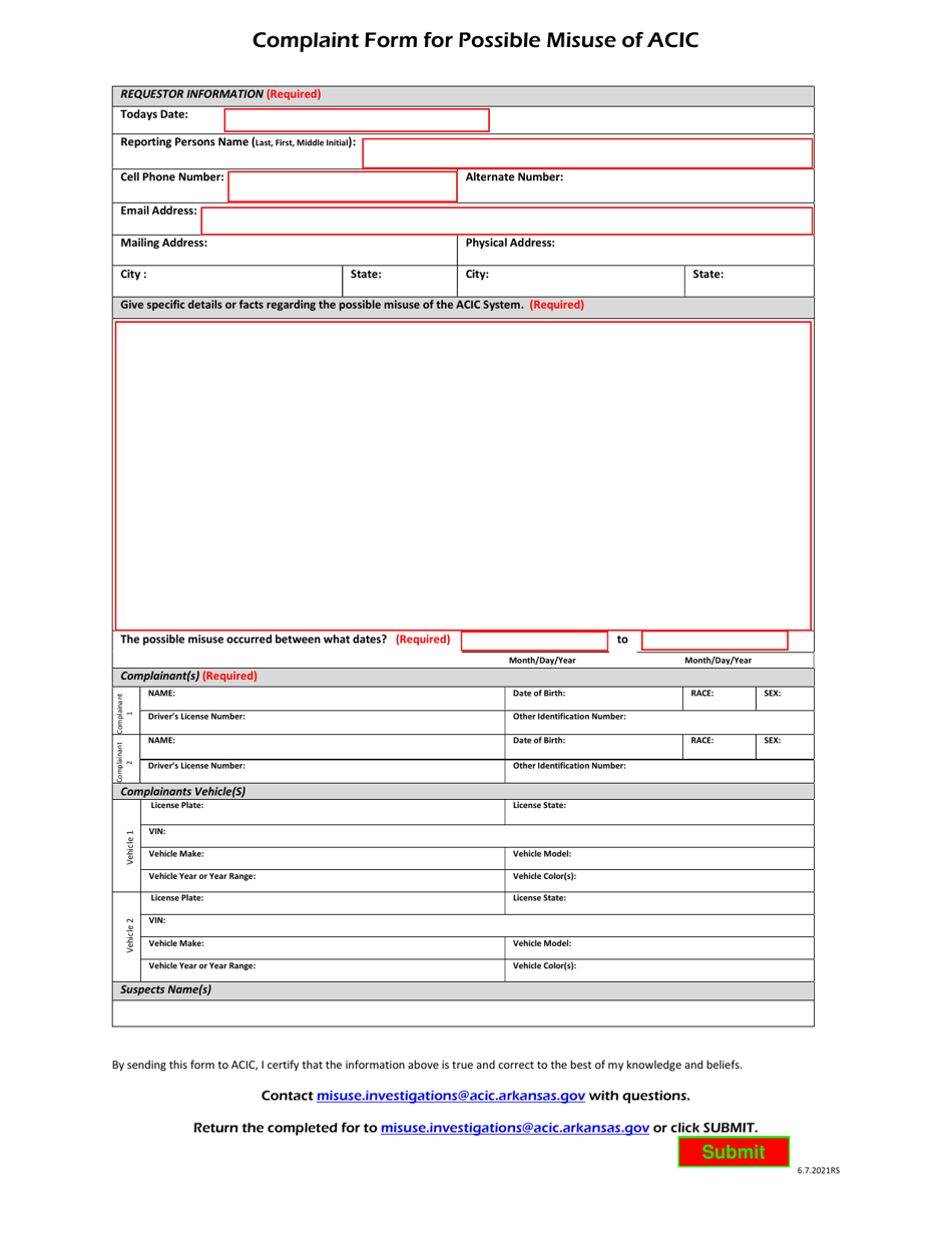 Arkansas Complaint Form for Possible Misuse of Acic - Fill Out, Sign ...