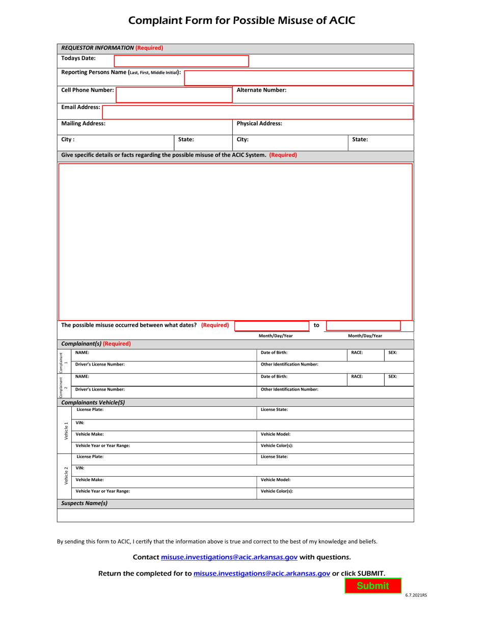 Complaint Form for Possible Misuse of Acic - Arkansas, Page 1