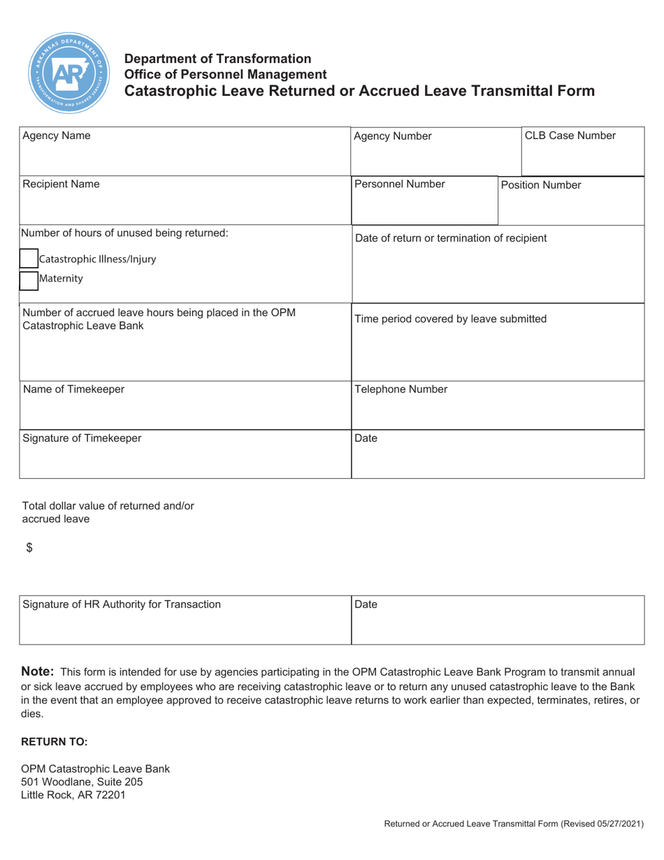 Arkansas Catastrophic Leave Returned or Accrued Leave Transmittal Form