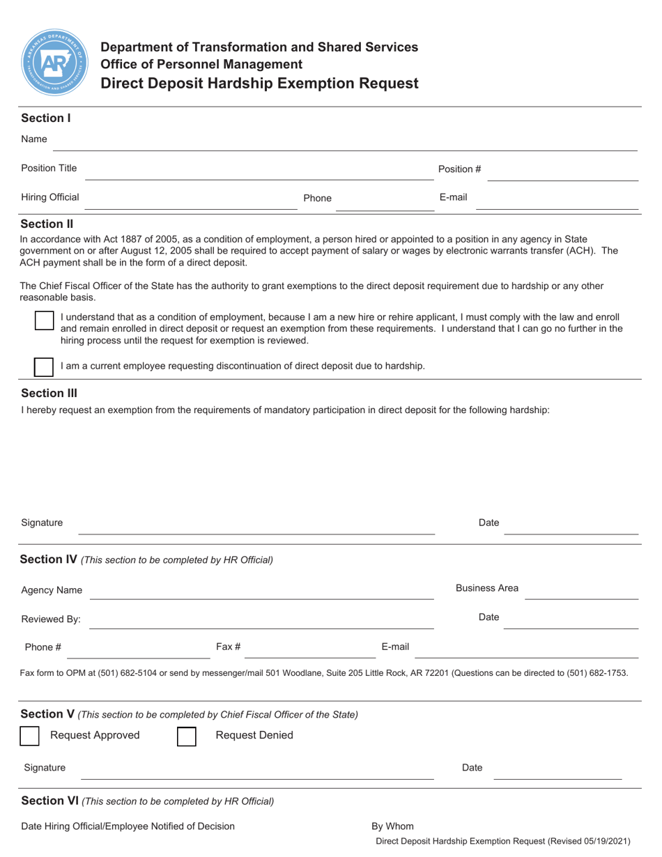 Arkansas Direct Deposit Hardship Exemption Request Download Fillable