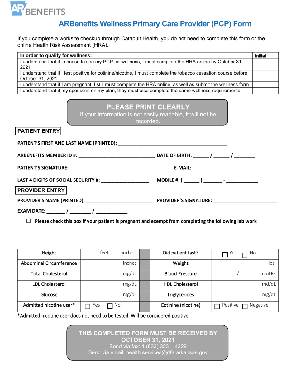 Arbenefits Wellnessprimary Care Provider (Pcp) Form - Arkansas, Page 1