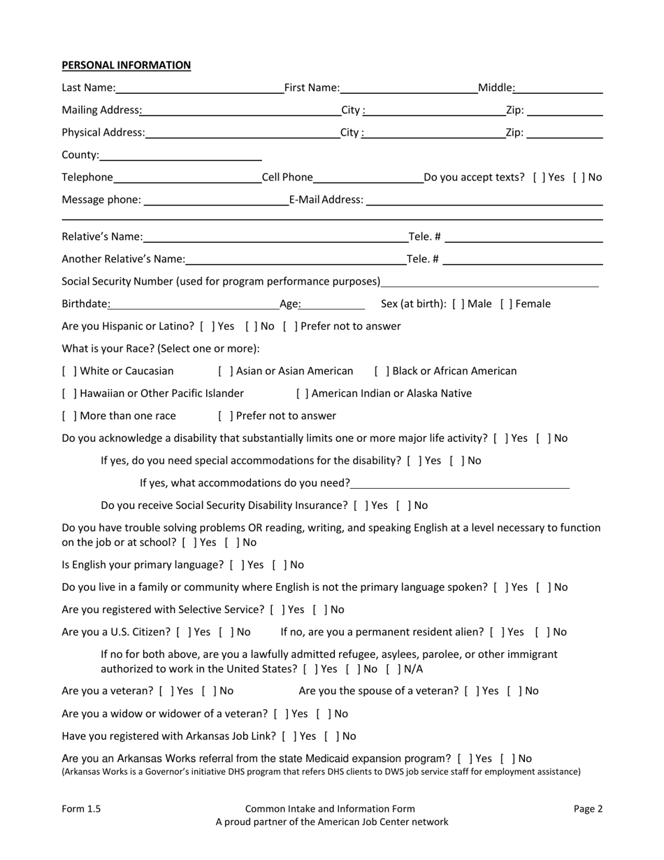 Form 1.5 Common Intake and Information Form for Adults, Dislocated Workers, Youth, Workforce Center and Partners - Arkansas, Page 2