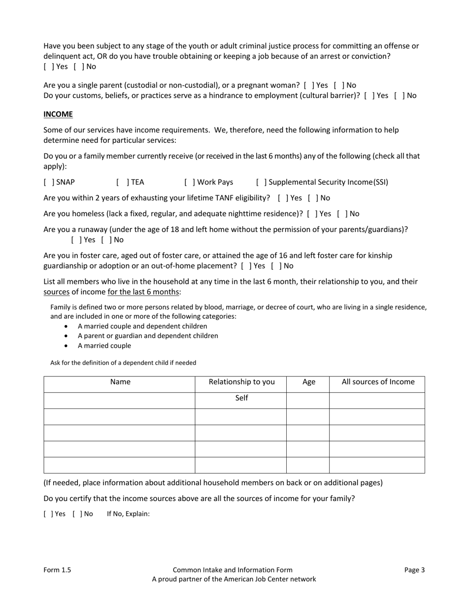 Form 1.5 Common Intake and Information Form for Adults, Dislocated Workers, Youth, Workforce Center and Partners - Arkansas, Page 3