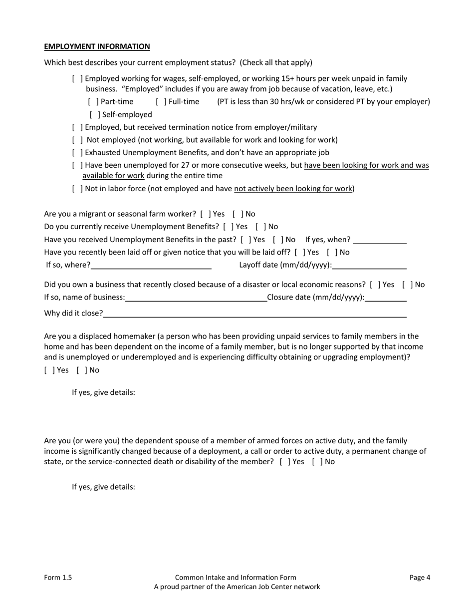 Form 1.5 Common Intake and Information Form for Adults, Dislocated Workers, Youth, Workforce Center and Partners - Arkansas, Page 4
