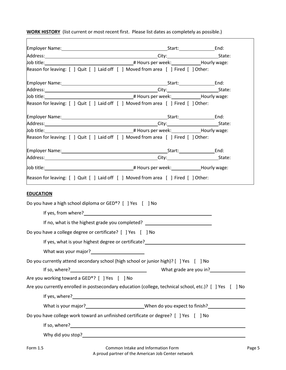 Form 1.5 Common Intake and Information Form for Adults, Dislocated Workers, Youth, Workforce Center and Partners - Arkansas, Page 5