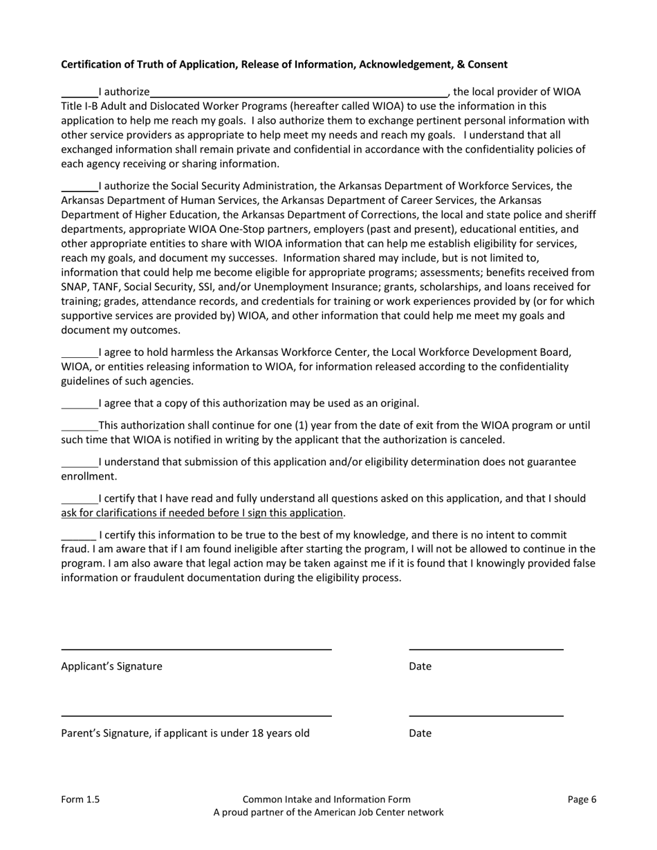 Form 1.5 Common Intake and Information Form for Adults, Dislocated Workers, Youth, Workforce Center and Partners - Arkansas, Page 6