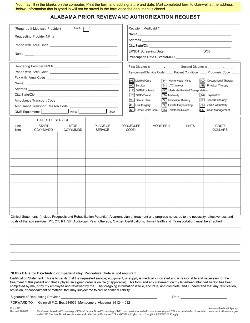 Form 342 Alabama Prior Review and Authorization Request - Alabama, Page 1