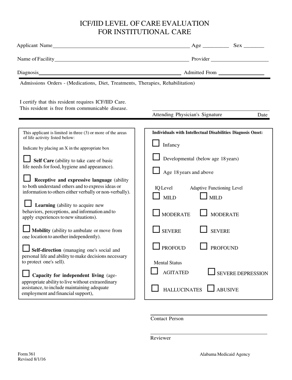 Form 361 Icf / Iid Level of Care Evaluation for Institutional Care - Alabama, Page 1