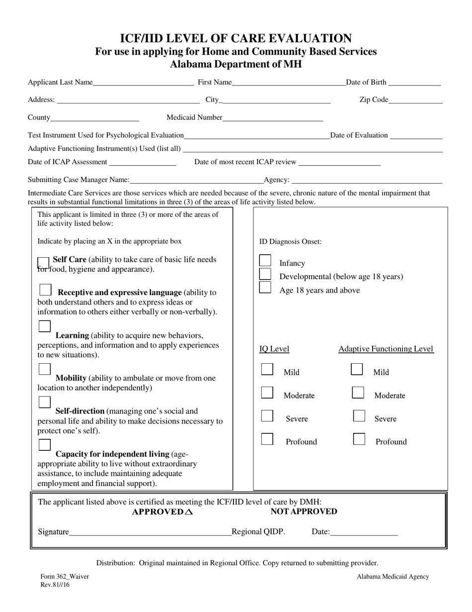 Form 362 Icf / Iid Level of Care Evaluation - Alabama, Page 1