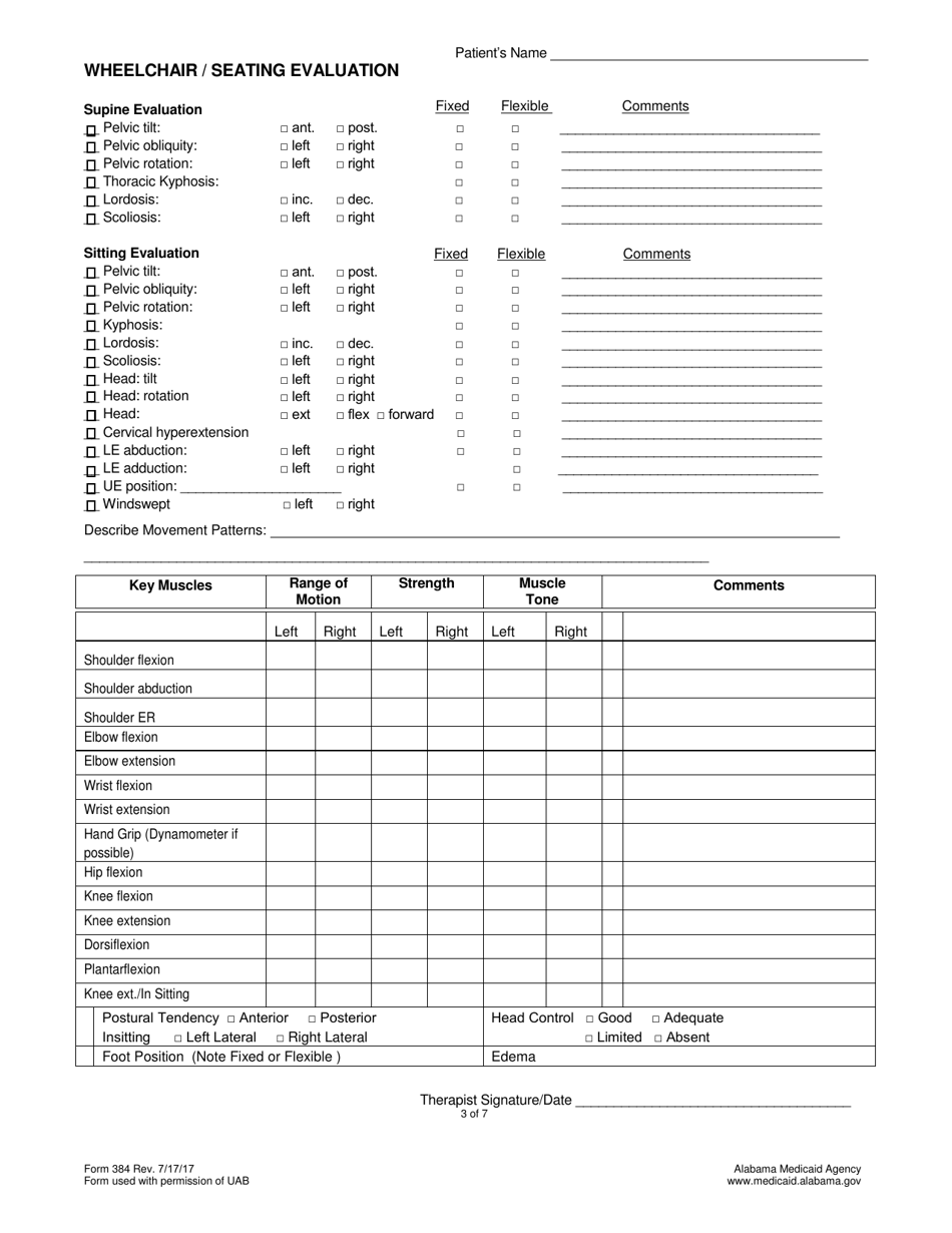 Form 384 Wheelchair / Seating Evaluation - Alabama, Page 3
