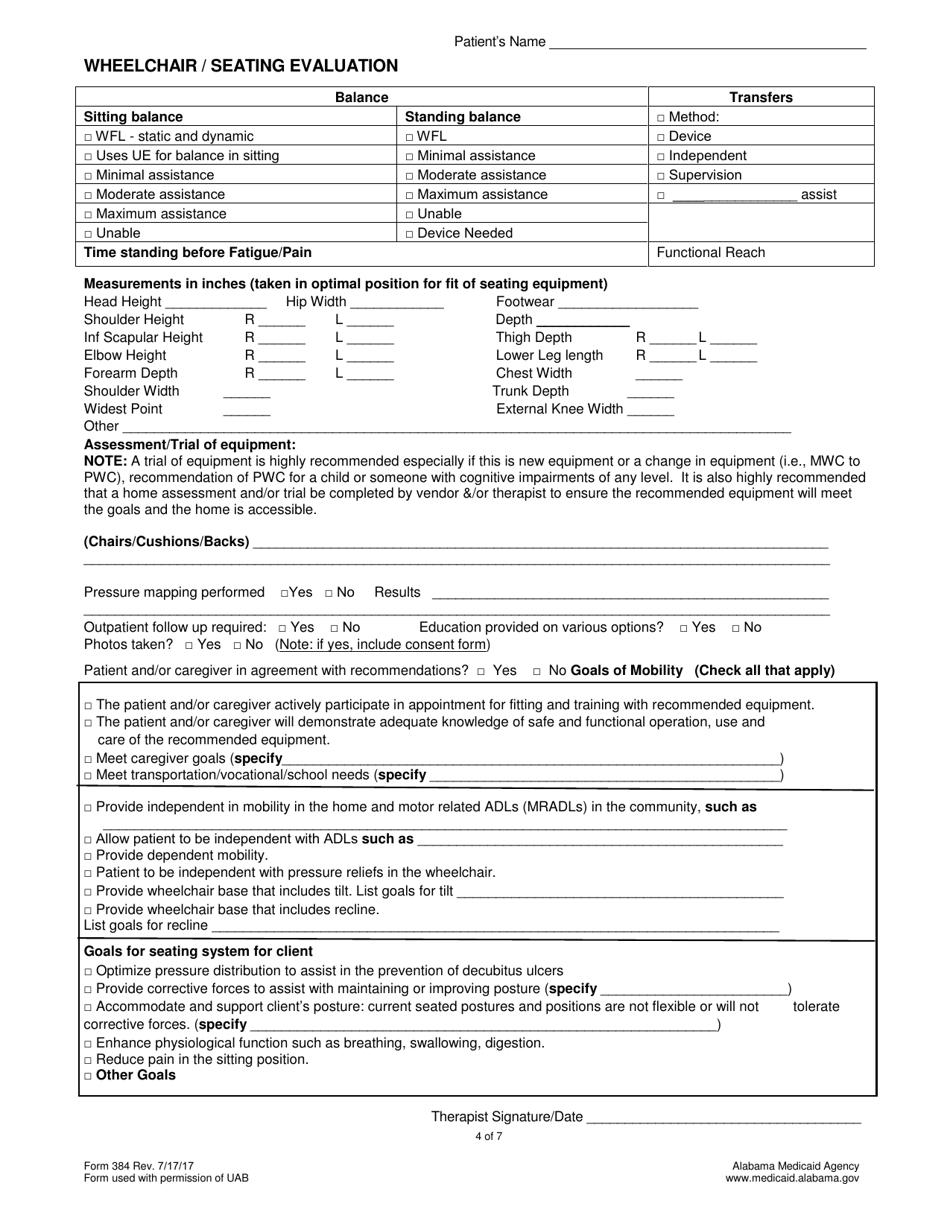 Form 384 Wheelchair / Seating Evaluation - Alabama, Page 4