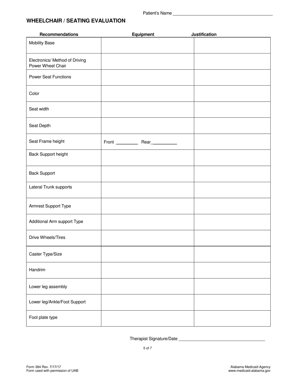 Form 384 Wheelchair / Seating Evaluation - Alabama, Page 5