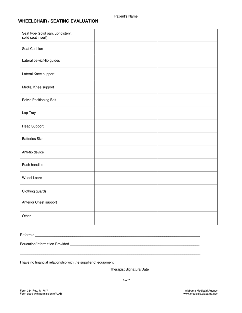 Form 384 Wheelchair / Seating Evaluation - Alabama, Page 6