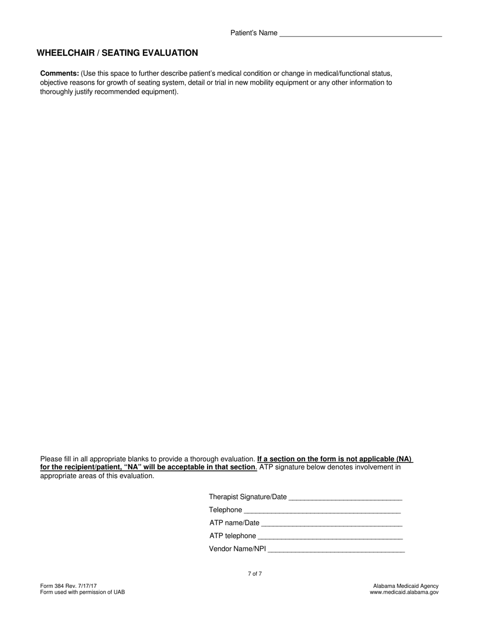 Form 384 Wheelchair / Seating Evaluation - Alabama, Page 7