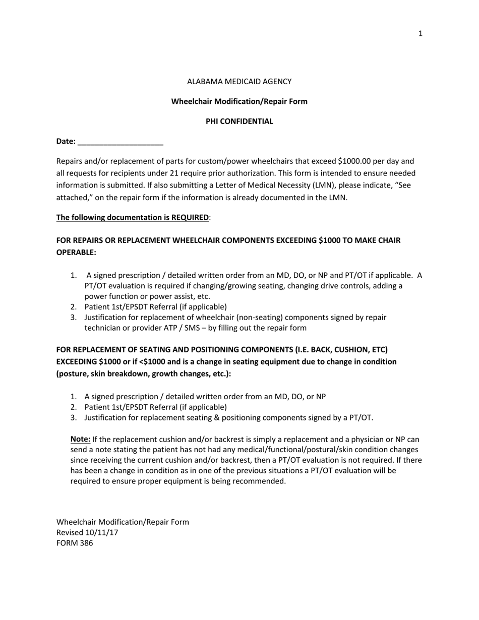 Form 386 Wheelchair Modification / Repair Form - Alabama, Page 1