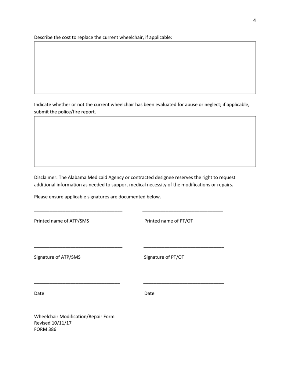 Form 386 Wheelchair Modification / Repair Form - Alabama, Page 4