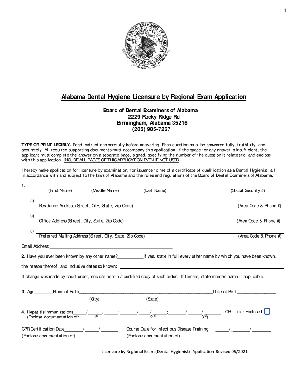 Alabama Alabama Dental Hygiene Licensure by Regional Exam Application