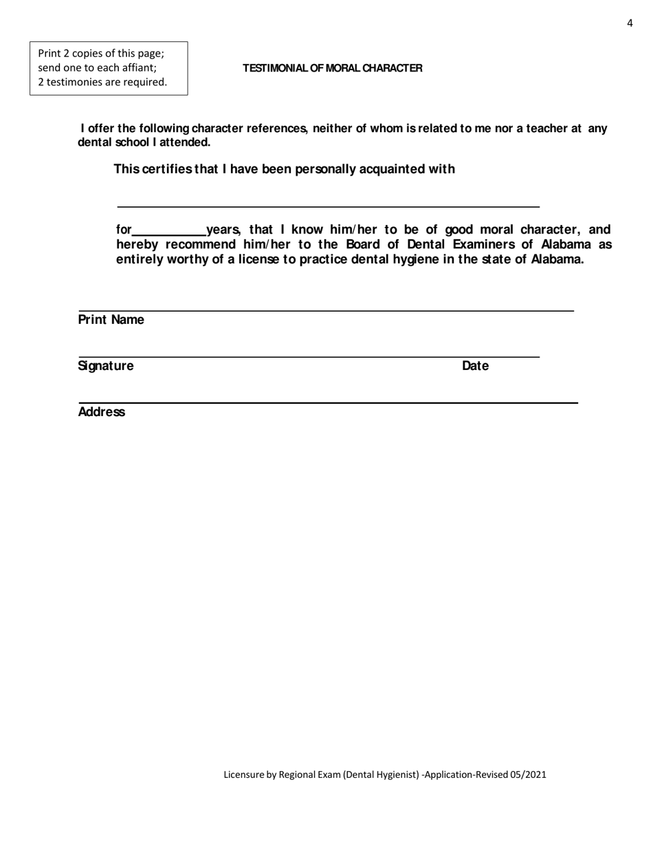 Alabama Alabama Dental Hygiene Licensure by Regional Exam Application