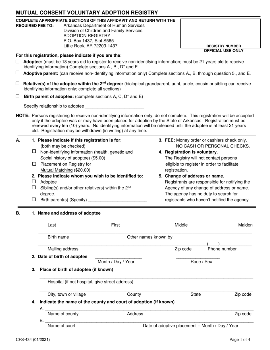 Form CFS-434 Mutual Consent Voluntary Adoption Registry - Arkansas, Page 1