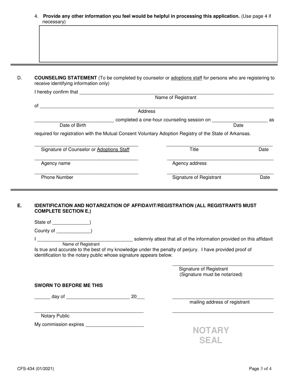 Form CFS-434 Mutual Consent Voluntary Adoption Registry - Arkansas, Page 3