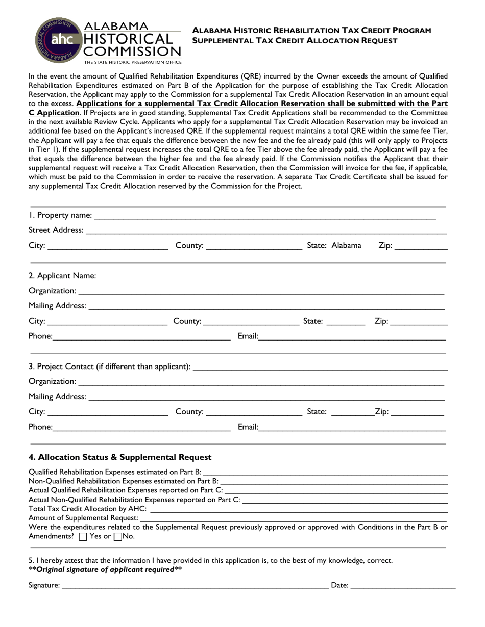 Supplemental Tax Credit Allocation Request - Alabama Historic Rehabilitation Tax Credit Program - Alabama, Page 1