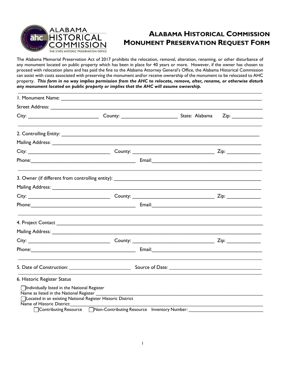 Monument Preservation Request Form - Alabama, Page 1