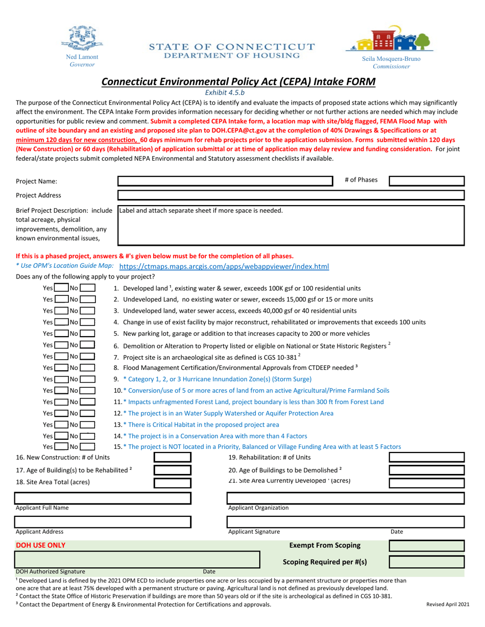 Exhibit 4.5.B Connecticut Environmental Policy Act (Cepa) Intake Form - Connecticut, Page 1