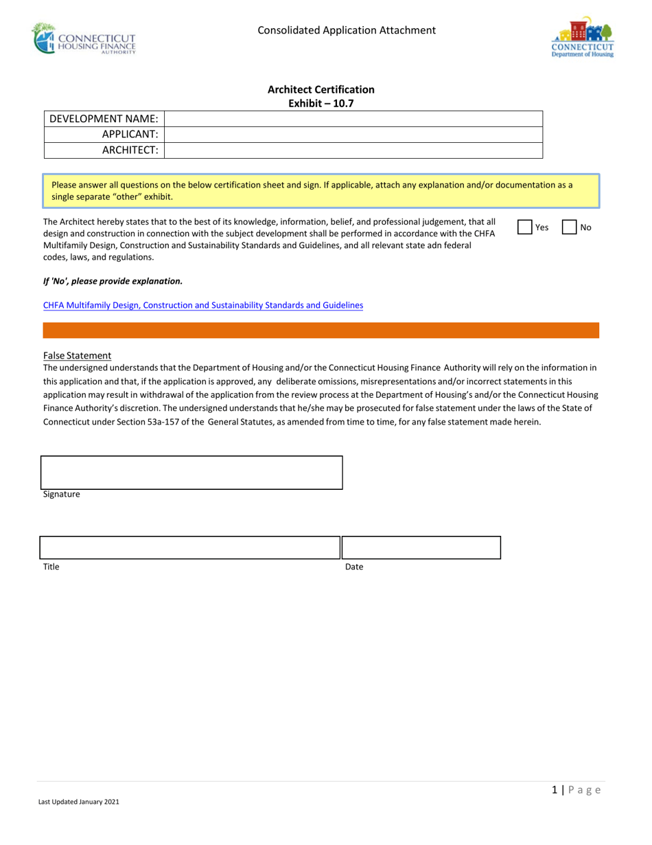 Exhibit 10.7 Consolidated Application Attachment - Architect Certification - Connecticut, Page 1