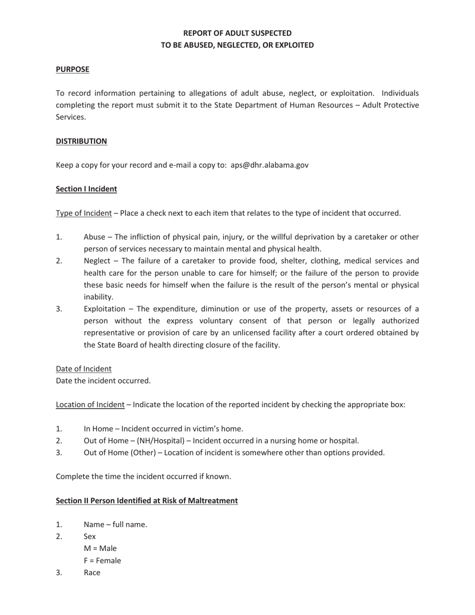 Instructions for Report of Adult Suspected to Be Abused, Neglected or Exploited - Alabama, Page 1