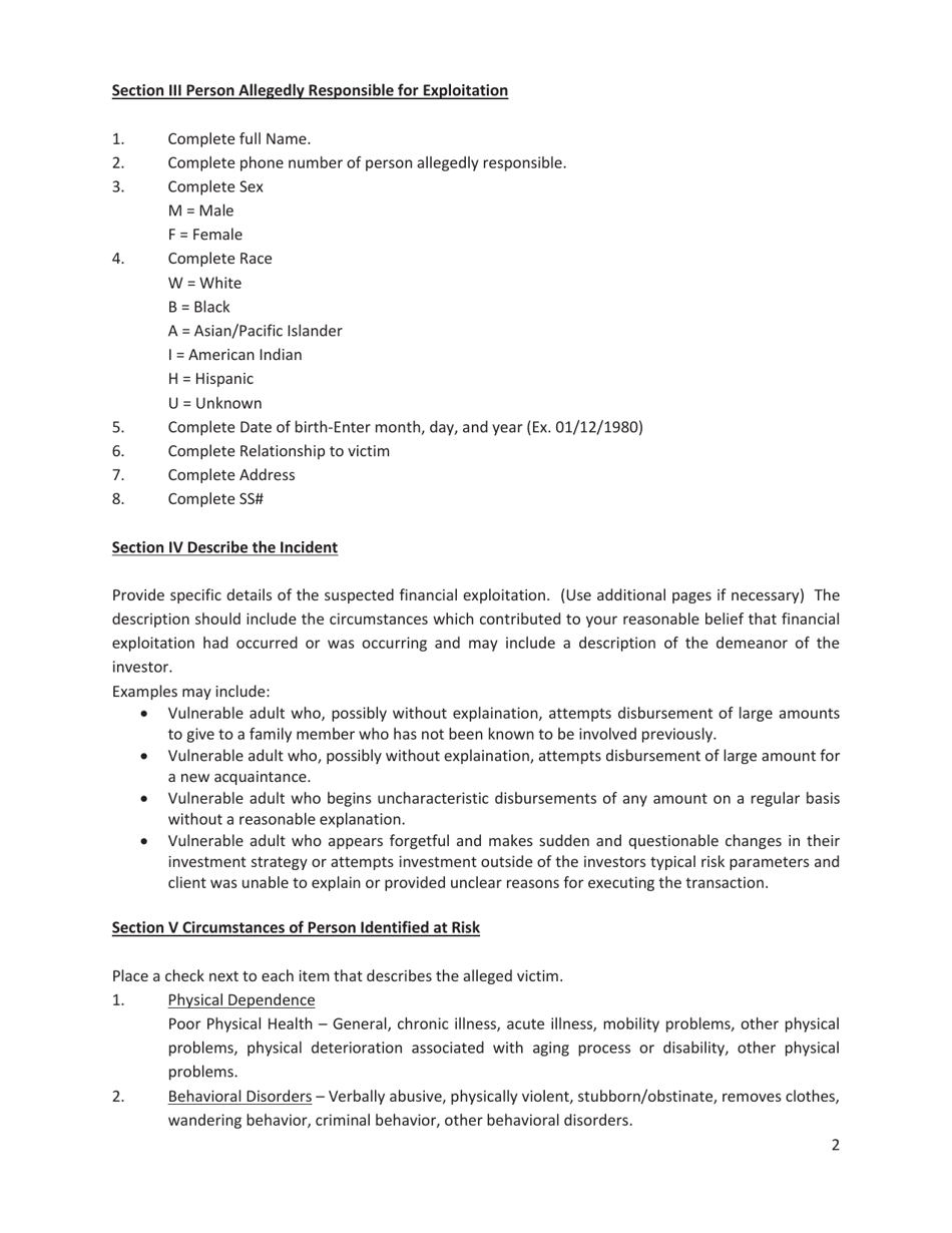Instructions for Report of Adult Suspected to Be Financially Exploited - Alabama, Page 2