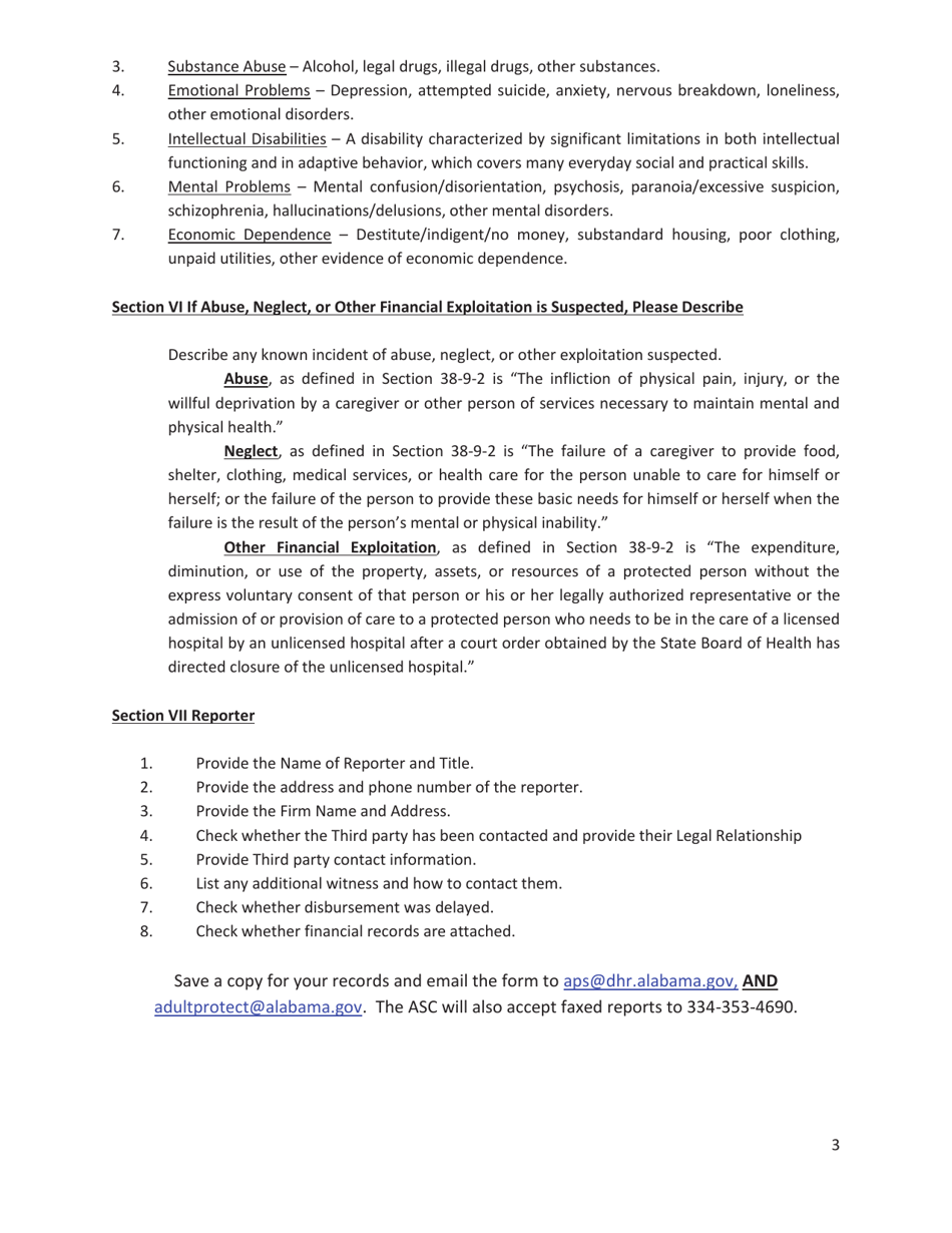 Instructions for Report of Adult Suspected to Be Financially Exploited - Alabama, Page 3