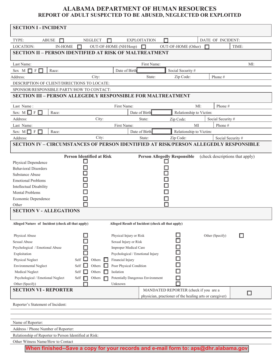 Report of Adult Suspected to Be Abused, Neglected or Exploited - Alabama, Page 1