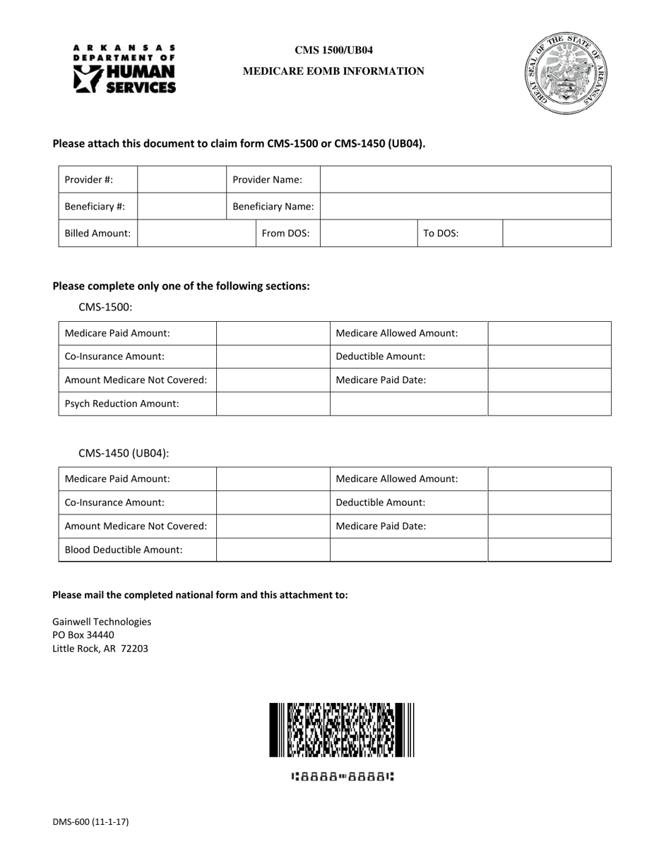 Form DMS-600 Download Fillable PDF or Fill Online Cms 1500/Ub04 Medicare  Eomb Information Arkansas | Templateroller
