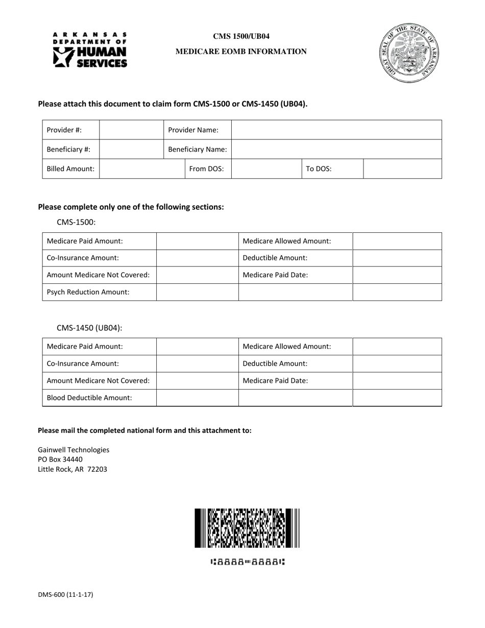 Form DMS-600 Cms 1500 / Ub04 Medicare Eomb Information - Arkansas, Page 1