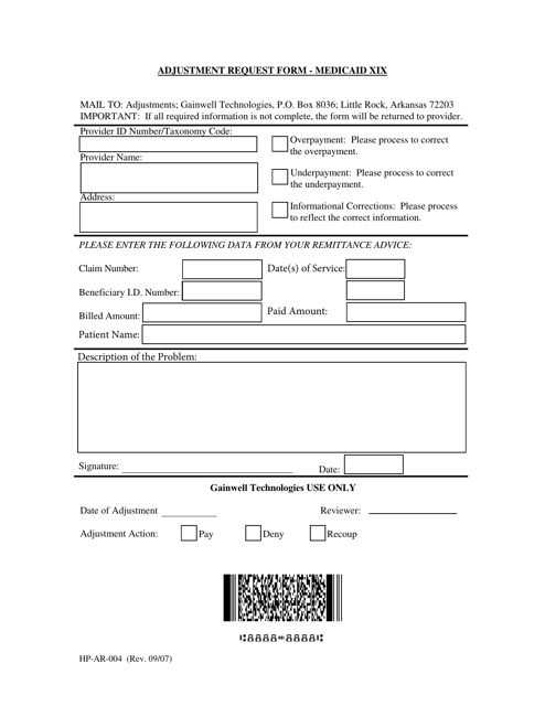 Form HP-AR-004 Adjustment Request Form - Medicaid Xix - Arkansas