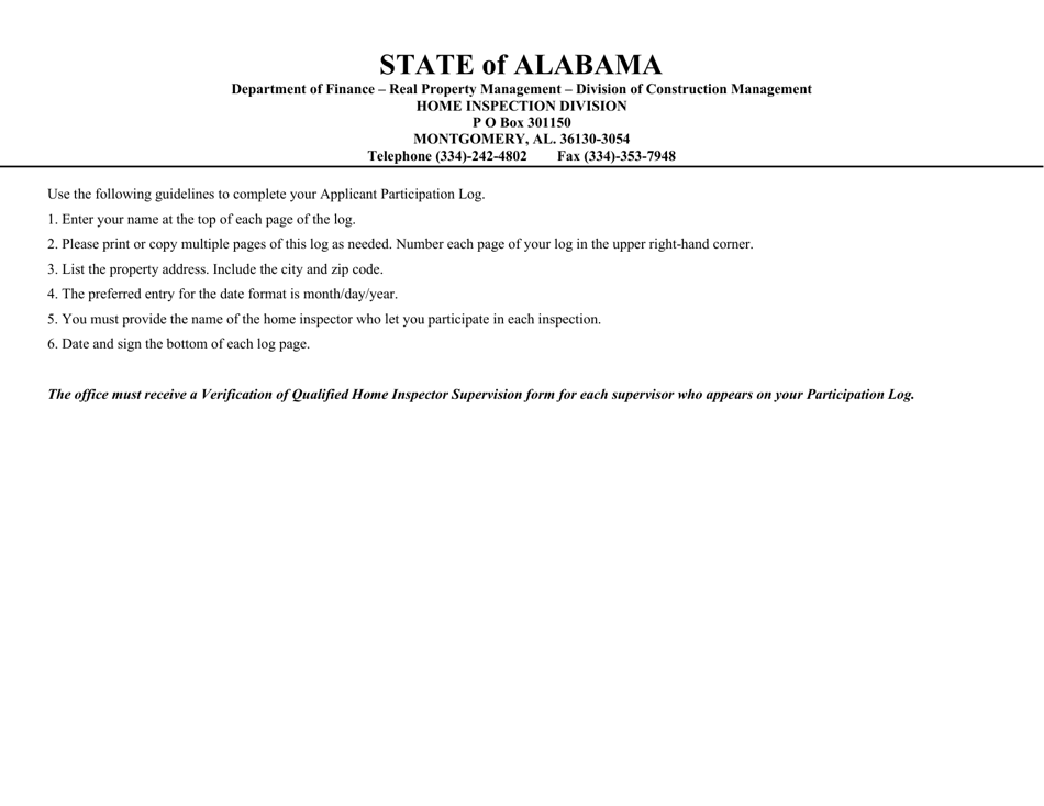 Home Inspector Participation Log - Alabama, Page 1