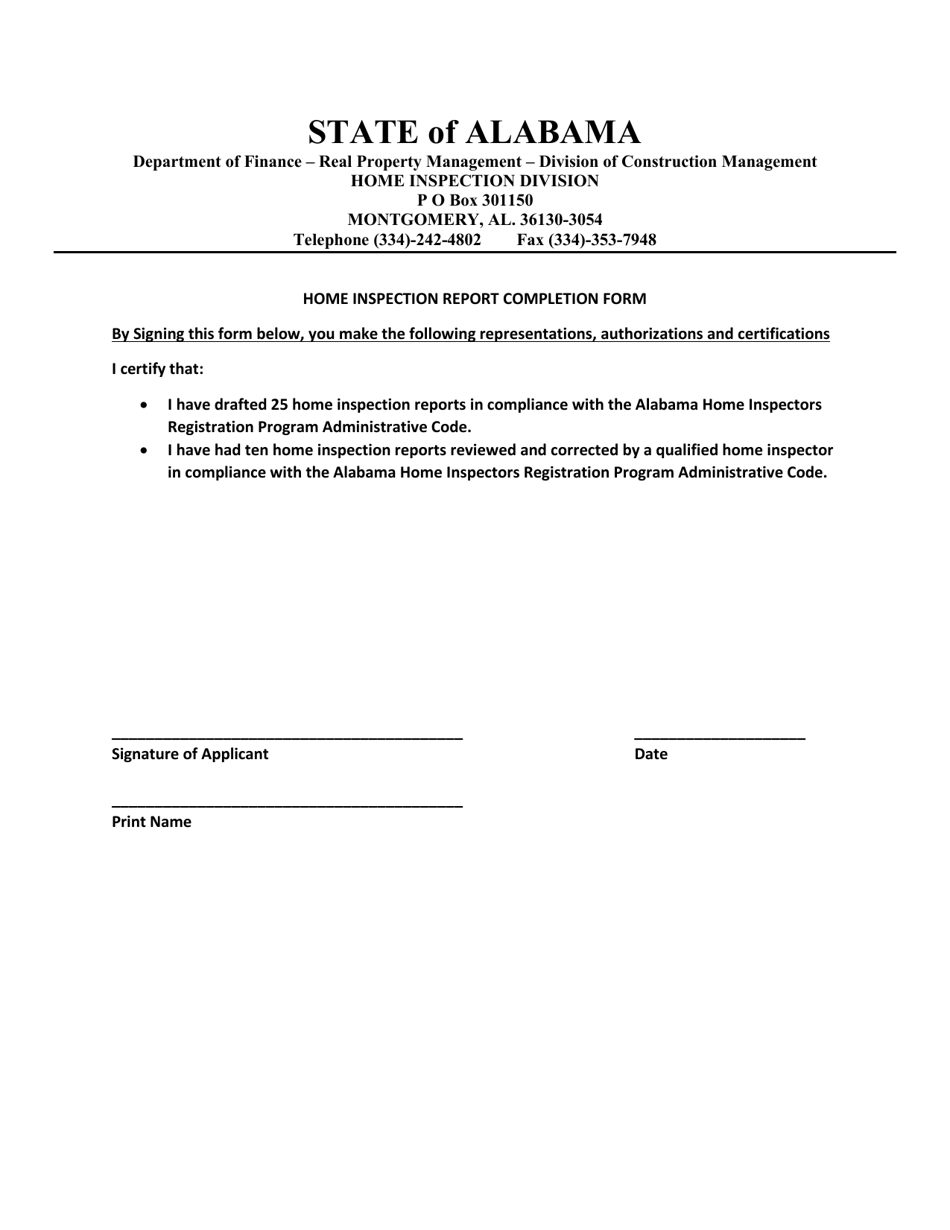 Home Inspection Report Completion Form - Alabama, Page 1