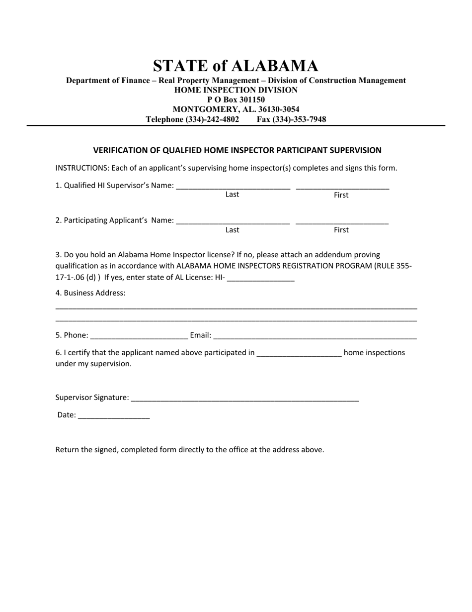 Verification of Qualified Home Inspector Participant Supervision - Alabama, Page 1