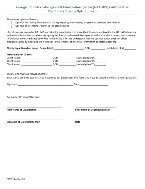 Georgia Homeless Management Information System (Ga Hmis) Collaborative Client Data Sharing Opt-Out Form - Georgia (United States) Download Pdf