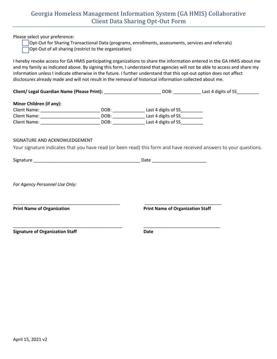 Georgia Homeless Management Information System (Ga Hmis) Collaborative Client Data Sharing Opt-Out Form - Georgia (United States), Page 1