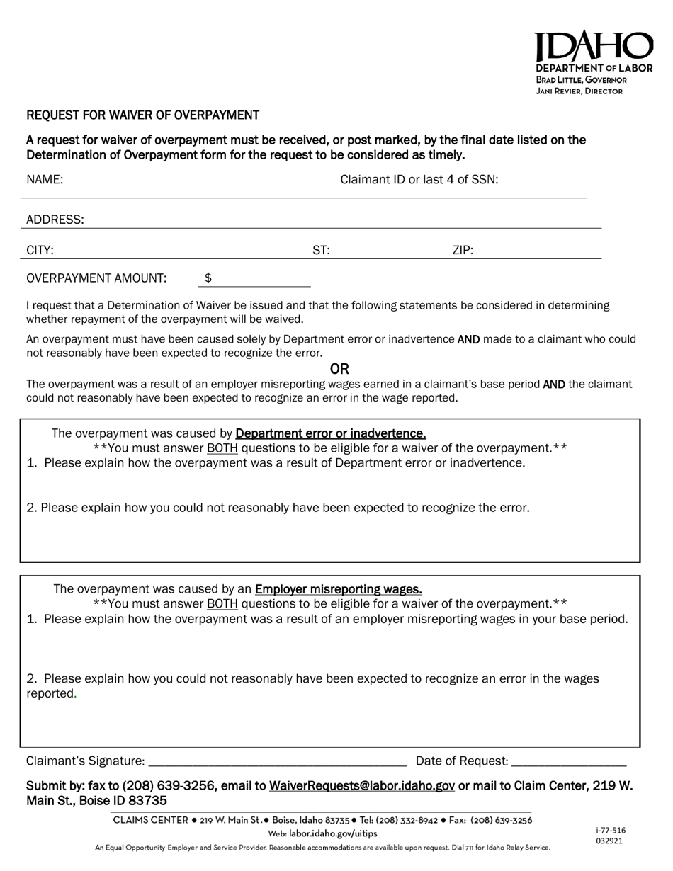 Form I-77-516 Request for Waiver of Overpayment - Idaho, Page 1