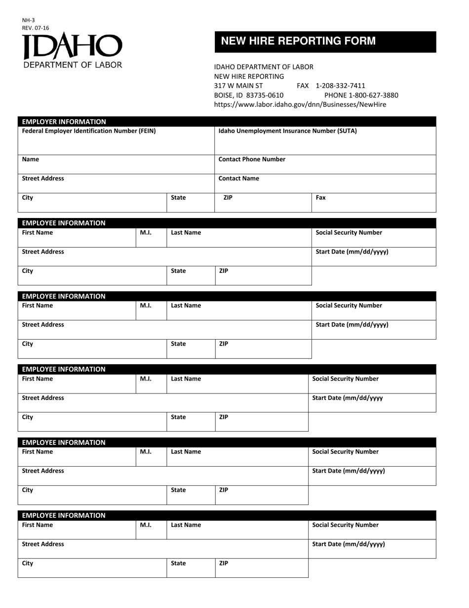 Form NH-3 New Hire Reporting Form - Idaho, Page 1