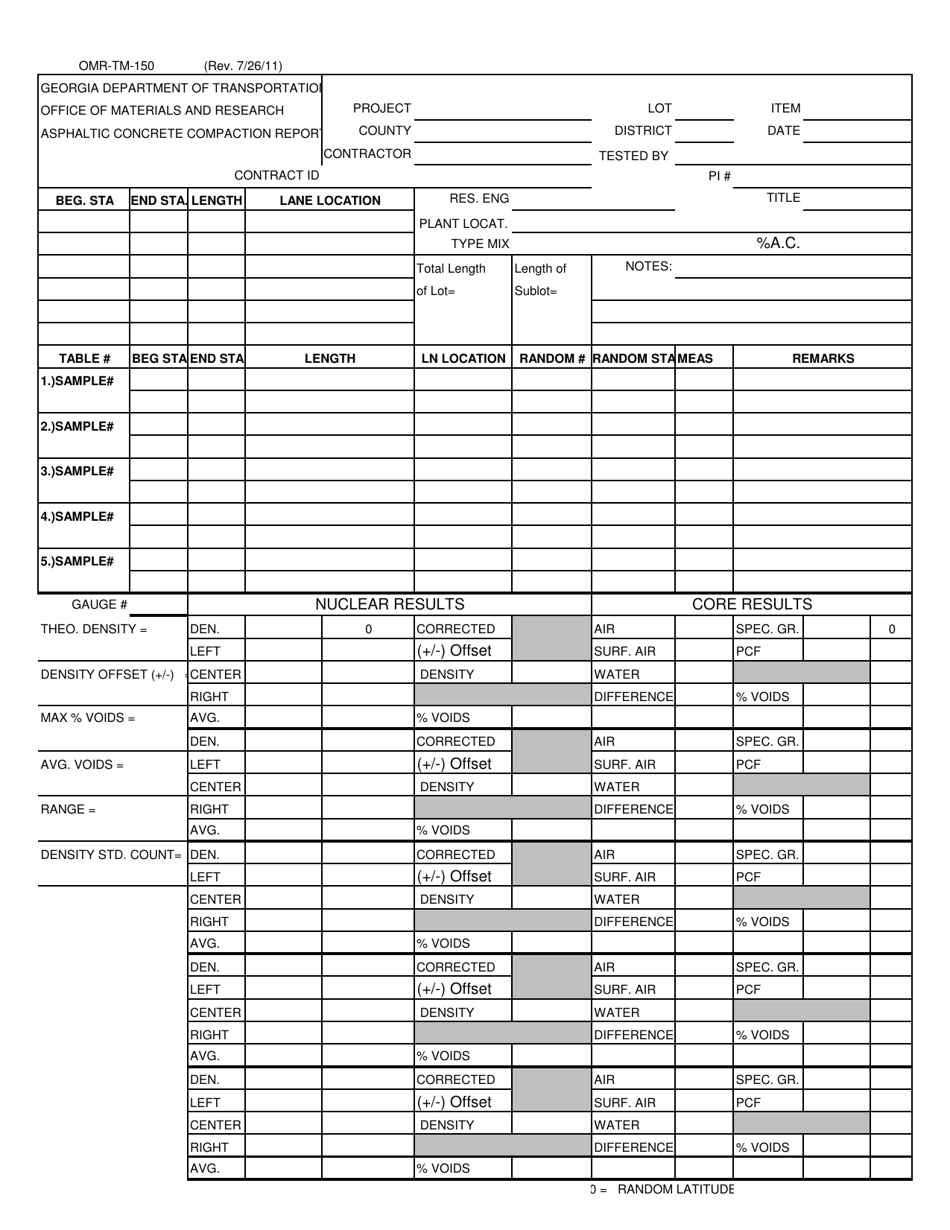 Form OMR-TM-150 Asphaltic Concrete Compaction Report - Georgia (United States), Page 1