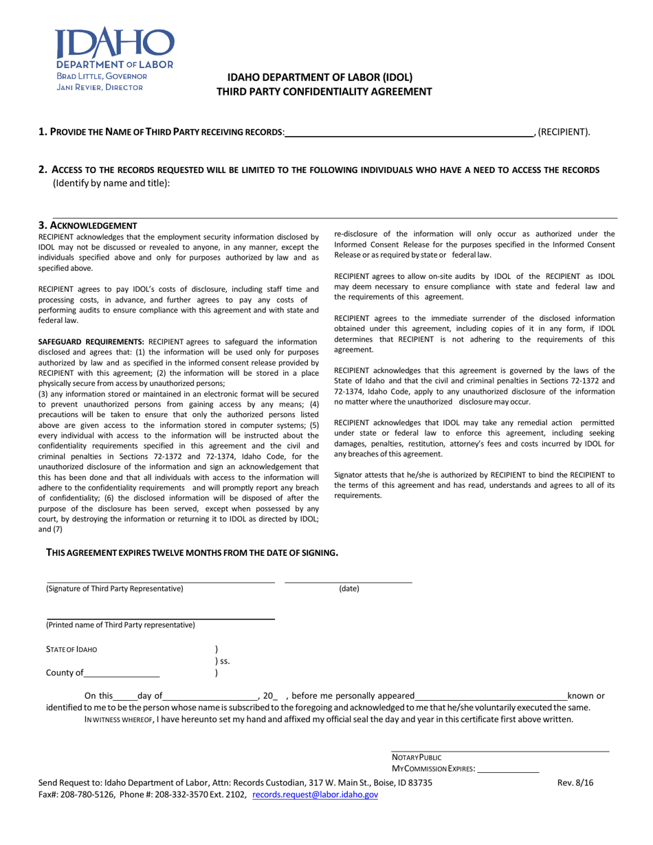 Third Party Confidentiality Agreement - Idaho, Page 1