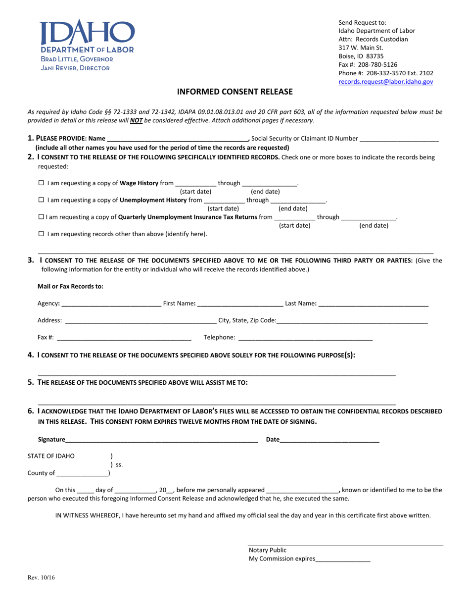 Informed Consent Release - Idaho, Page 1