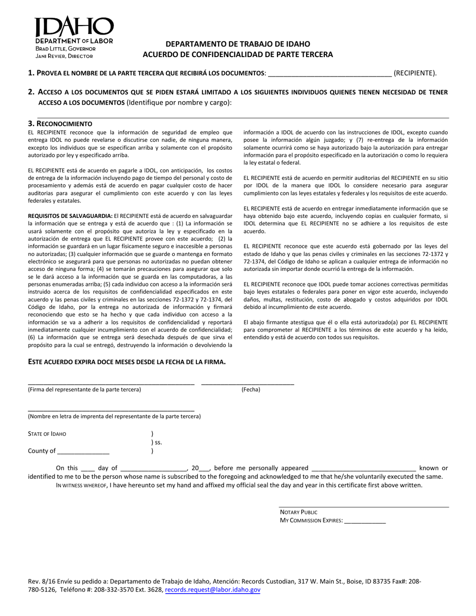 Acuerdo De Confidencialidad De Parte Tercera - Idaho (Spanish), Page 1