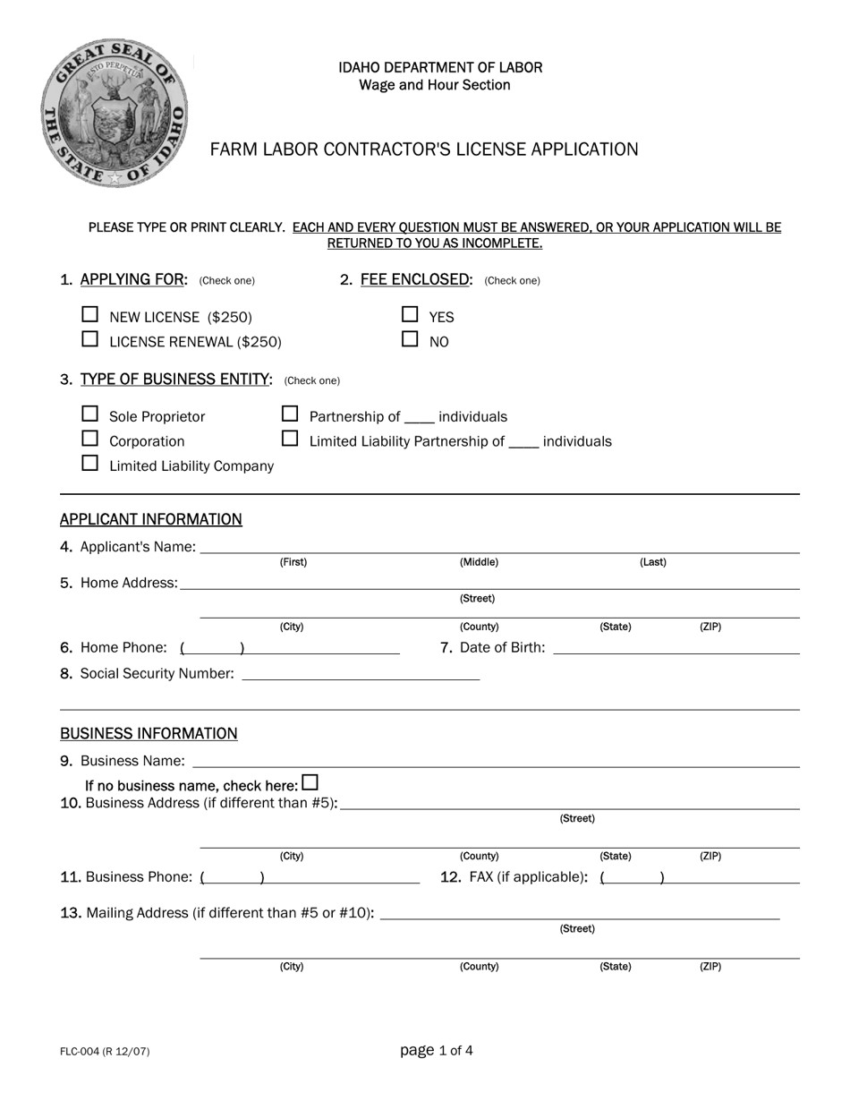 Form FLC-004 Farm Labor Contractors License Application - Idaho, Page 1